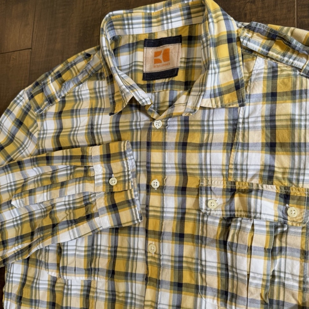Hugo Boss Orange Shirt Mens XL Button Up Long Sleeve Roll Up Plaid